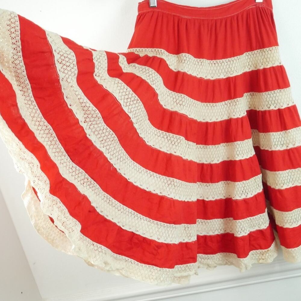 Vintage Handmade Square Dance Western Circle Skirt Prairie Red Lace Stripe M